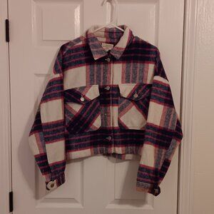 Purple White Pink Flannel Button Up Cropped Jacket